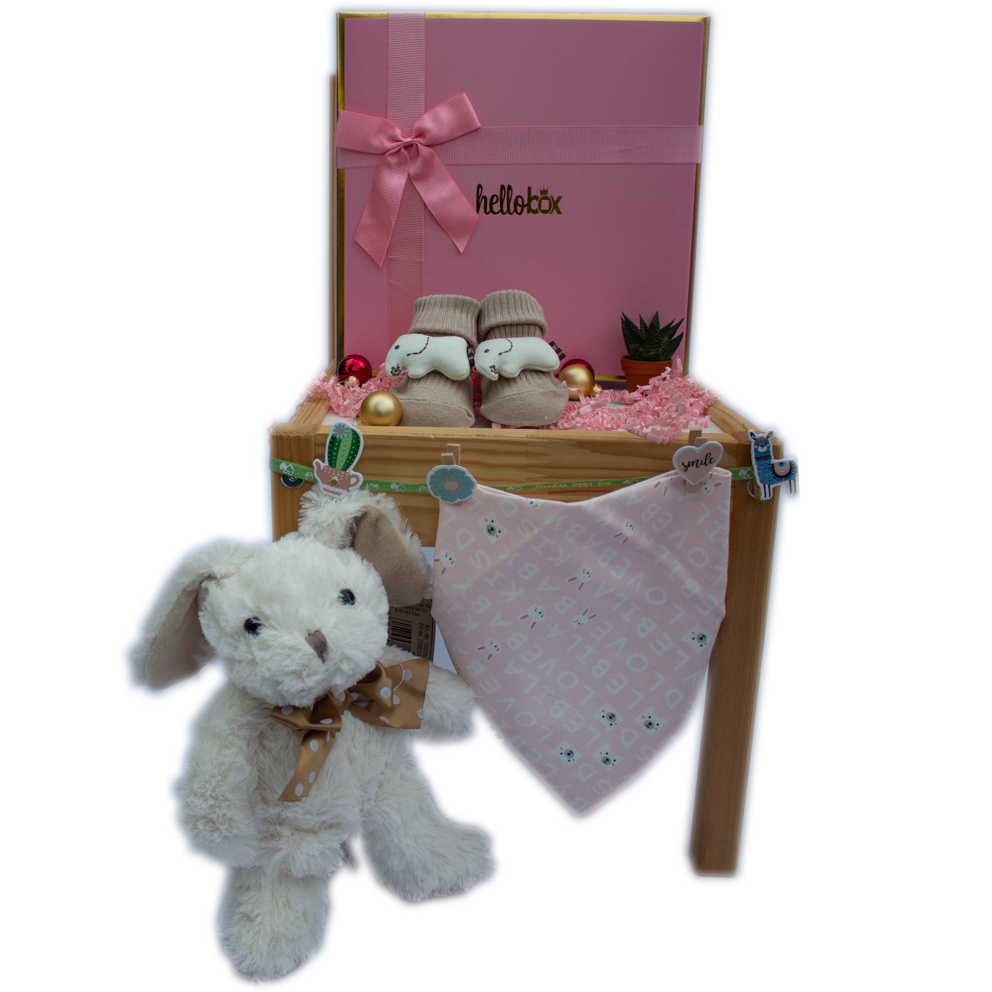 Baby Geschenkset für Neugeborene Mädchen mit weißen Hasen und Elefanten, inklusive Socken und Lätzchen in einer hübschen Geschenkbox.