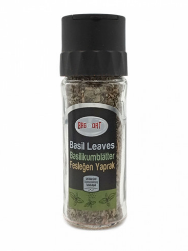 A jar of BAGDAT Basil Leaves, 19 grams, showcasing dried green basil leaves inside a clear glass jar with a label.