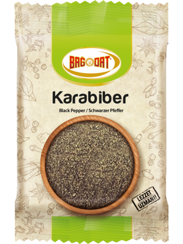 BAGDAT Black Pepper Powder in a 70g package, showcasing its rich black color and fine texture, ideal for enhancing culinary dishes.