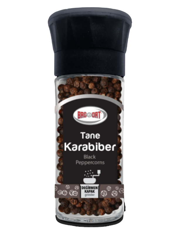 BAGDAT Black Pepper Whole Grinder jar with black peppercorns, showcasing its premium quality and convenient design.