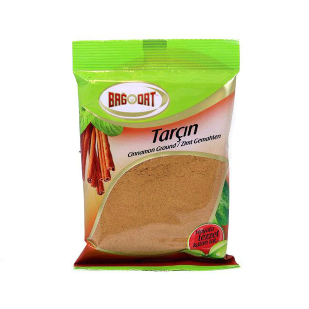A 200g package of Bagdat Cinnamon, showcasing its rich brown color and fine texture, perfect for enhancing various dishes.