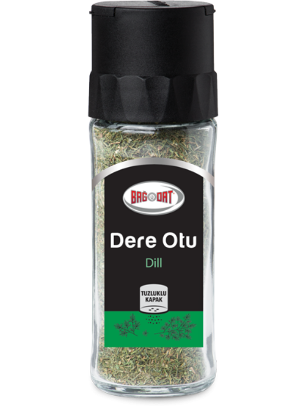 A jar of BAGDAT Dried Dill, showcasing its vibrant green color and labeled packaging, perfect for enhancing culinary dishes.