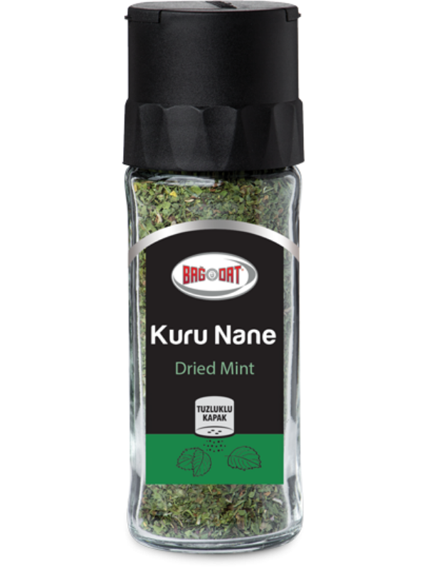 A jar of Bagdat Dried Mint, showcasing its vibrant green leaves, perfect for culinary use.