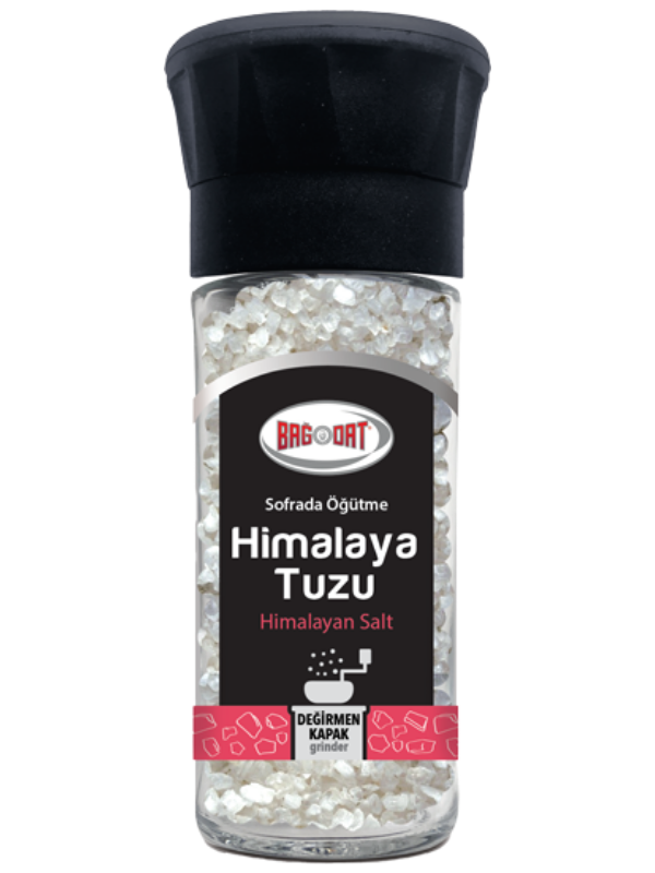 Bagdat Himalaya Salt Grinder jar with Himalayan salt, showcasing its natural mineral-rich content.