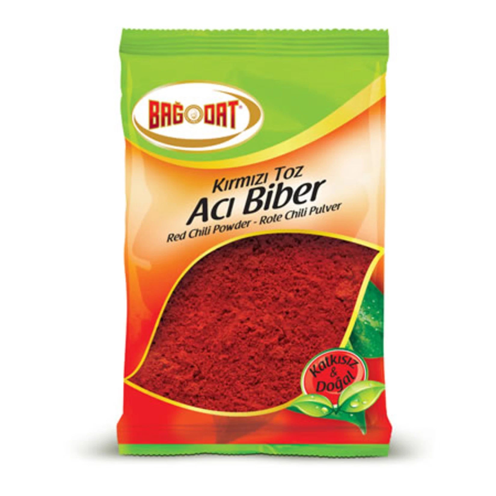 A 500-gram package of BAGDAT Hot Chilies Powder, showcasing its vibrant red color and fine texture, perfect for adding spice to dishes.