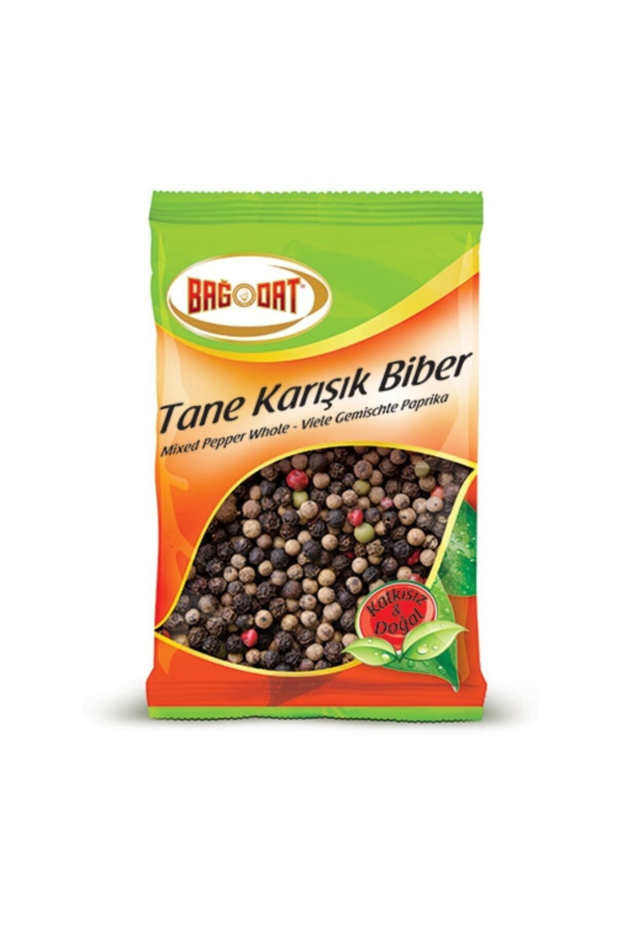 A colorful assortment of BAGDAT Mixed Peppercorns Whole featuring black, pink, green, and white peppercorns in a 1 kg package.