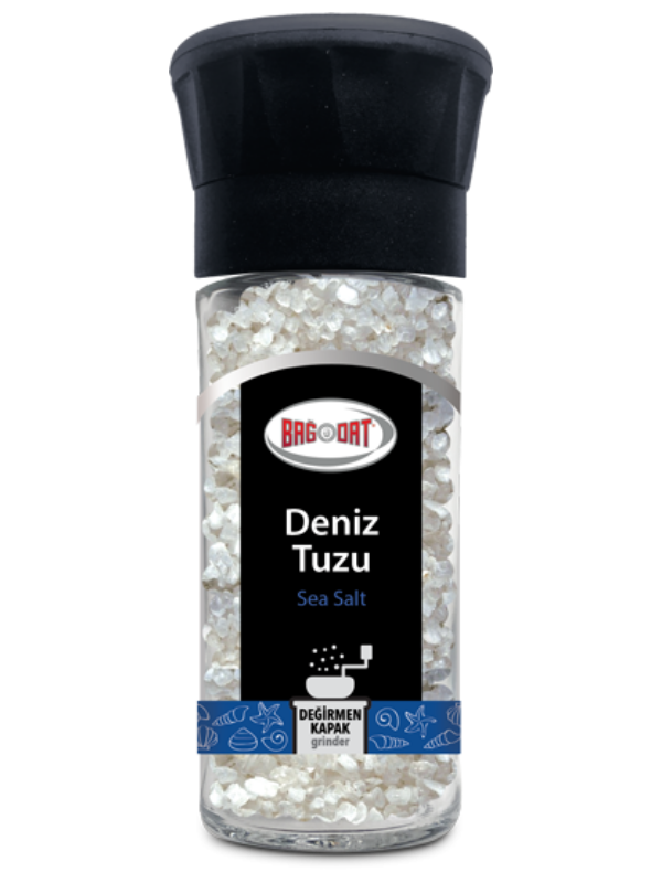 Bagdat Sea Salt Grinder jar showcasing natural sea salt, perfect for seasoning various dishes.