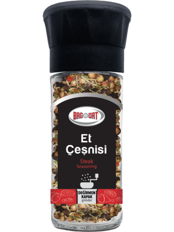 Bagdat Steak Seasoning Grinder jar with a blend of spices for enhancing meat flavors.