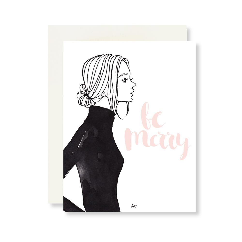 Be Merry Fashion Illustration Christmas Card with quartz metallic envelope, featuring a stylish design and blank interior for personal messages.