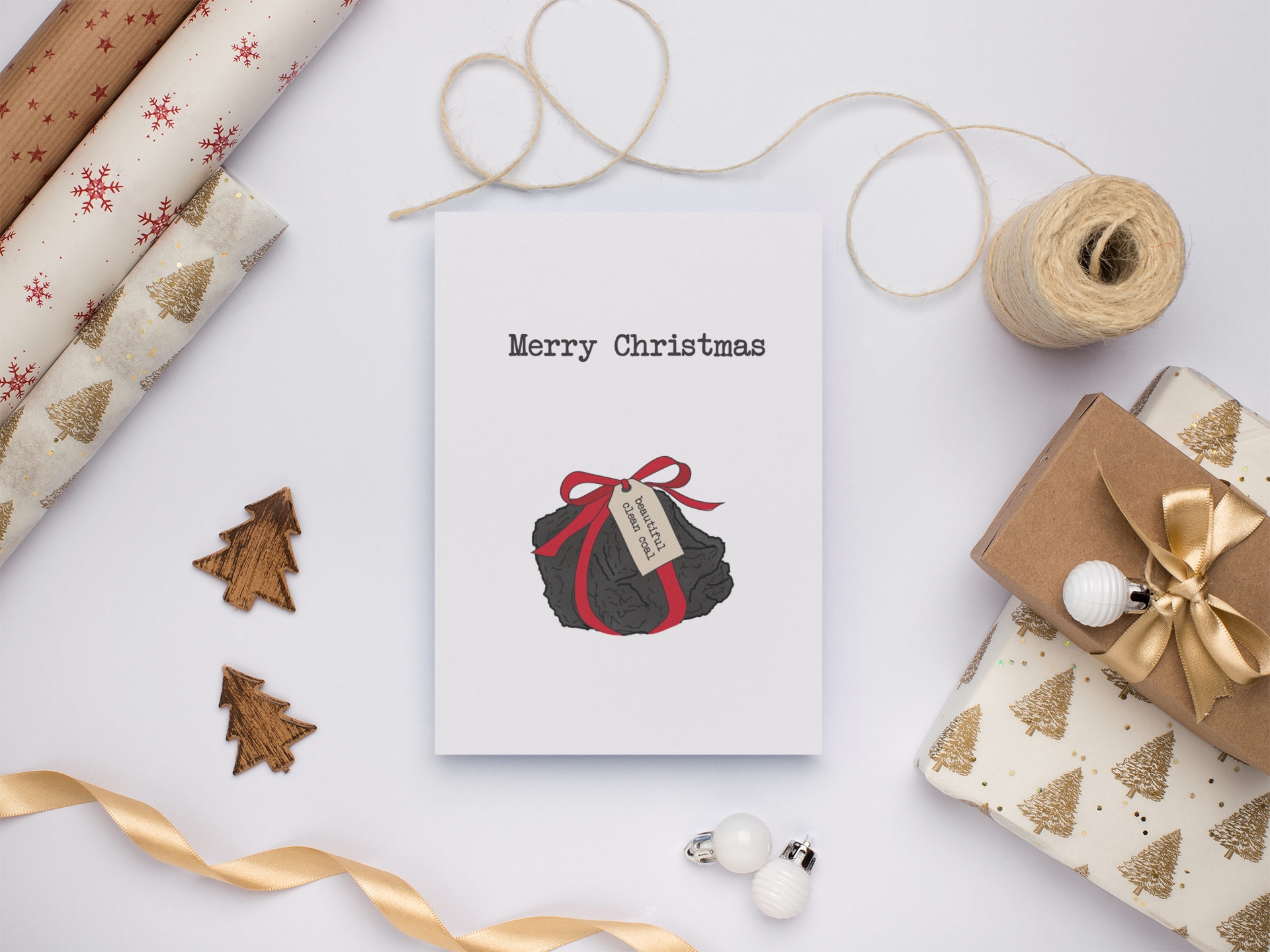 Beautiful Clean Coal Christmas Card featuring a humorous design, blank inside for personal messages, with a Kraft envelope and plastic sleeve.