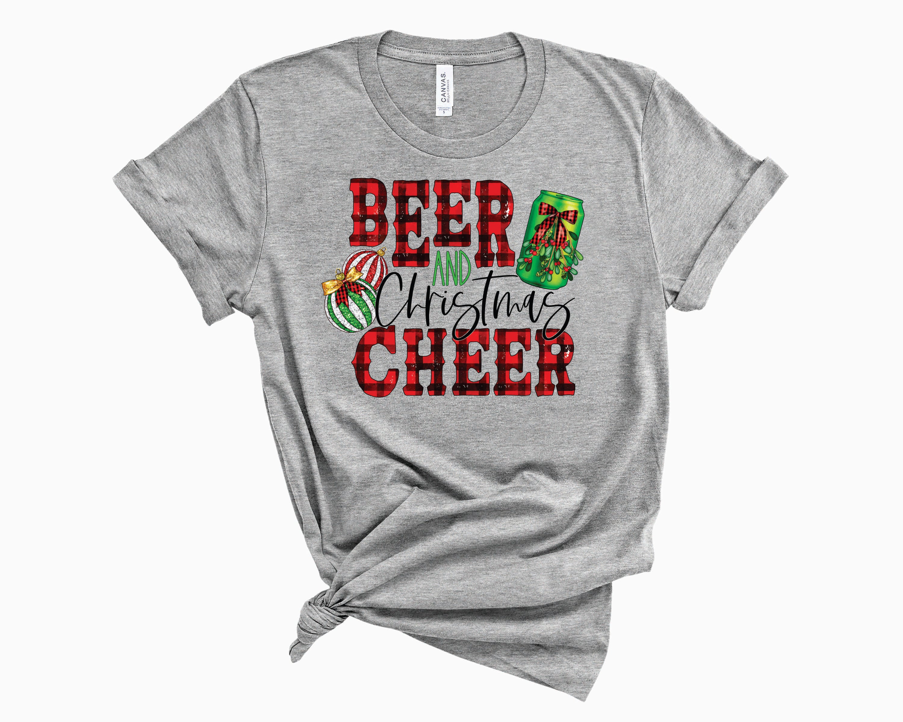 A festive unisex graphic tee featuring a beer-themed design celebrating Christmas cheer, perfect for holiday gatherings.