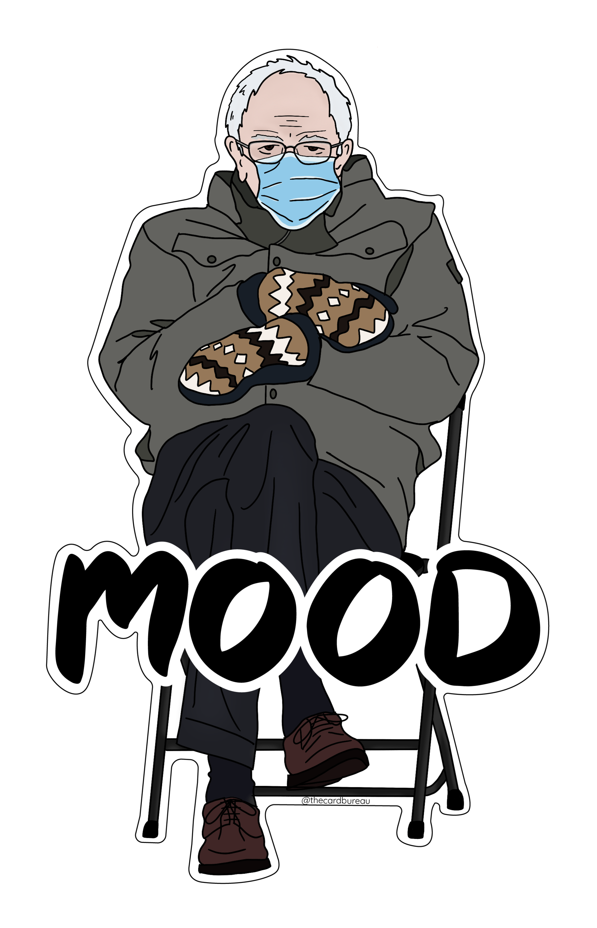 Bernie Sanders Meme Mittens Sticker on a white background, showcasing its vibrant design and high-quality vinyl material.