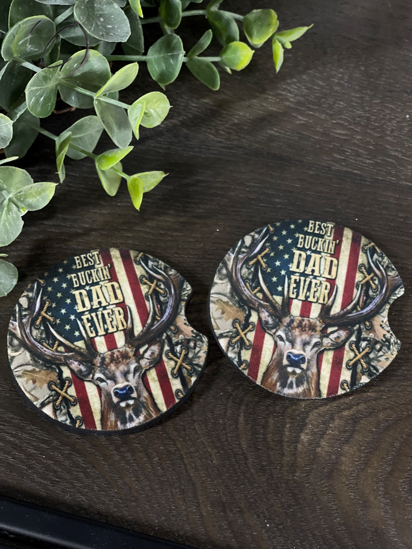 Best Buckin' Dad car coaster set made of durable neoprene, featuring a unique design, perfect for cup holders.