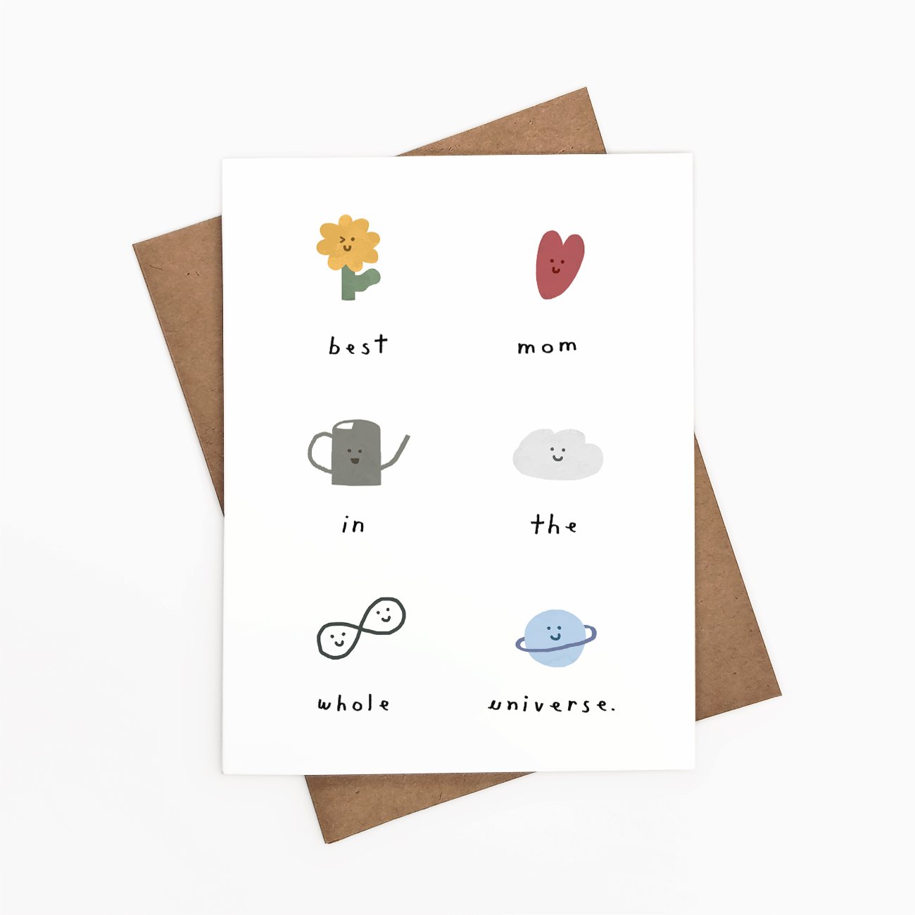 A beautifully designed greeting card that reads 'Best Mom In The Whole Universe', featuring eco-friendly materials and a Kraft envelope.