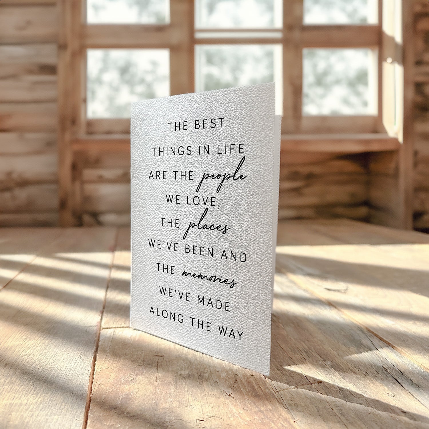 Best Things in Life Greeting Card on ultra white cardstock with a felt finish, featuring elegant designs and an envelope.