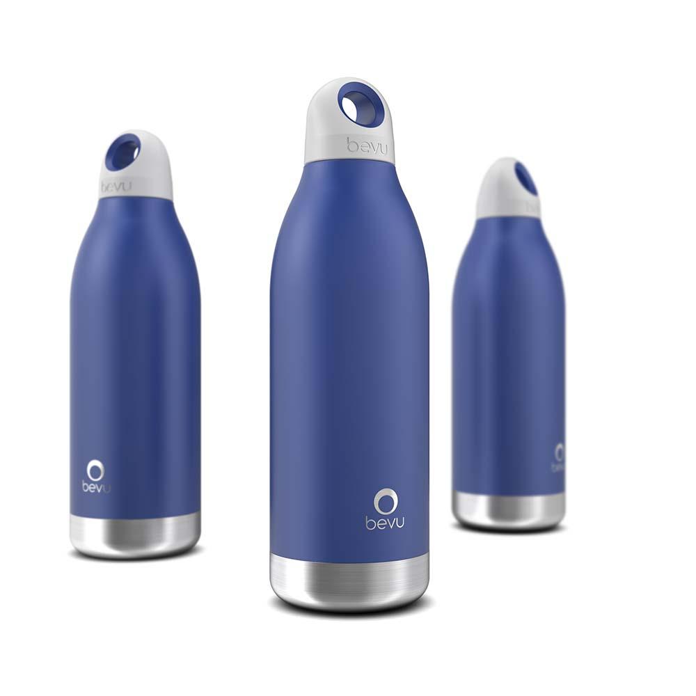 Bevu® Insulated Bottle in Cobalt color, showcasing its sleek design and double vacuum insulation features.