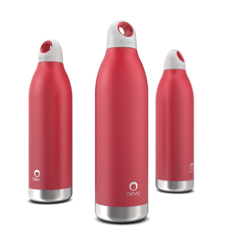 Bevu® Insulated Bottle in vibrant magenta color, showcasing its sleek design and double vacuum insulation features.
