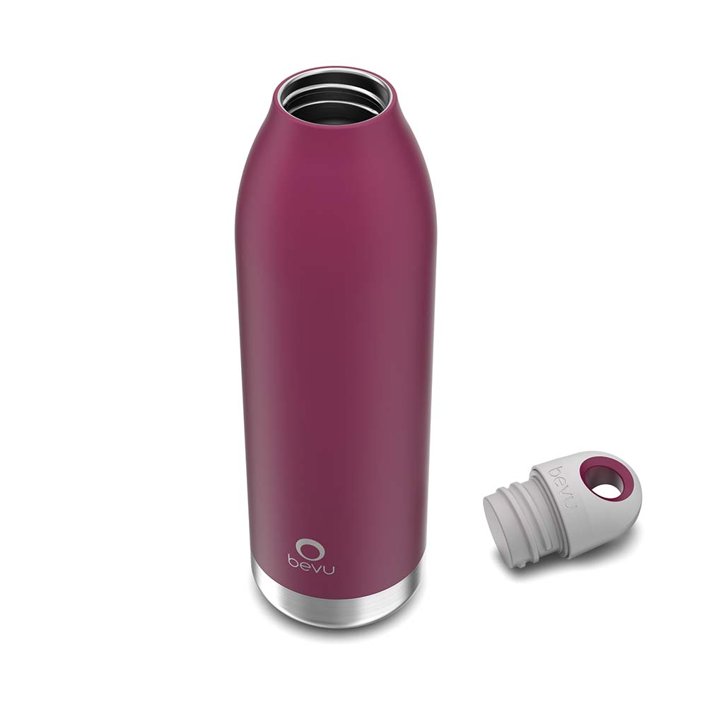 Bevu® Insulated Bottle in Plum color, showcasing its sleek design and double vacuum insulation features.