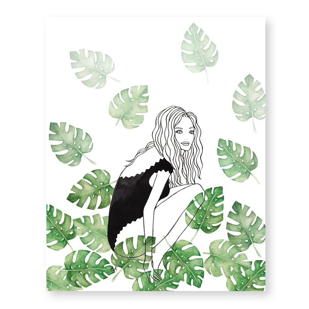 Art print featuring a bikini girl surrounded by lush monstera leaves, vibrant colors.