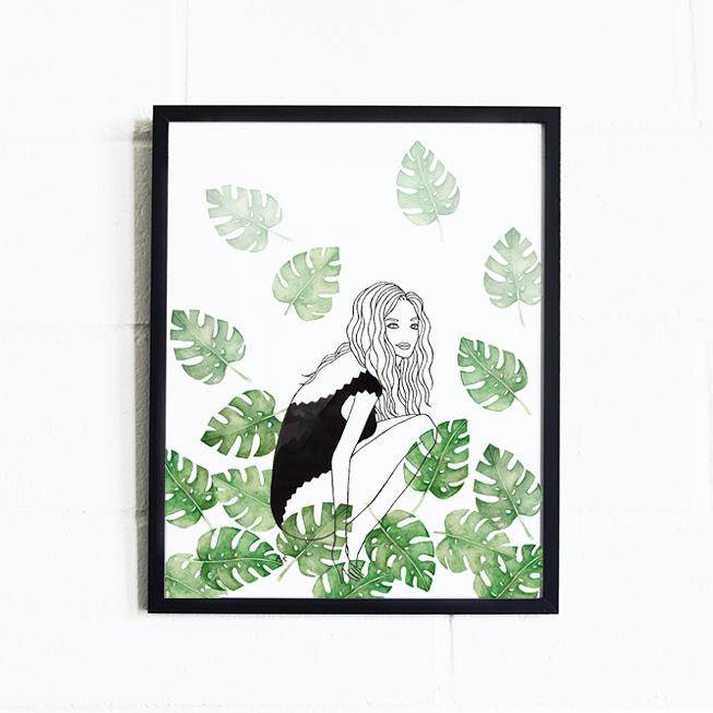 Art print featuring a bikini girl surrounded by lush monstera leaves, vibrant colors.