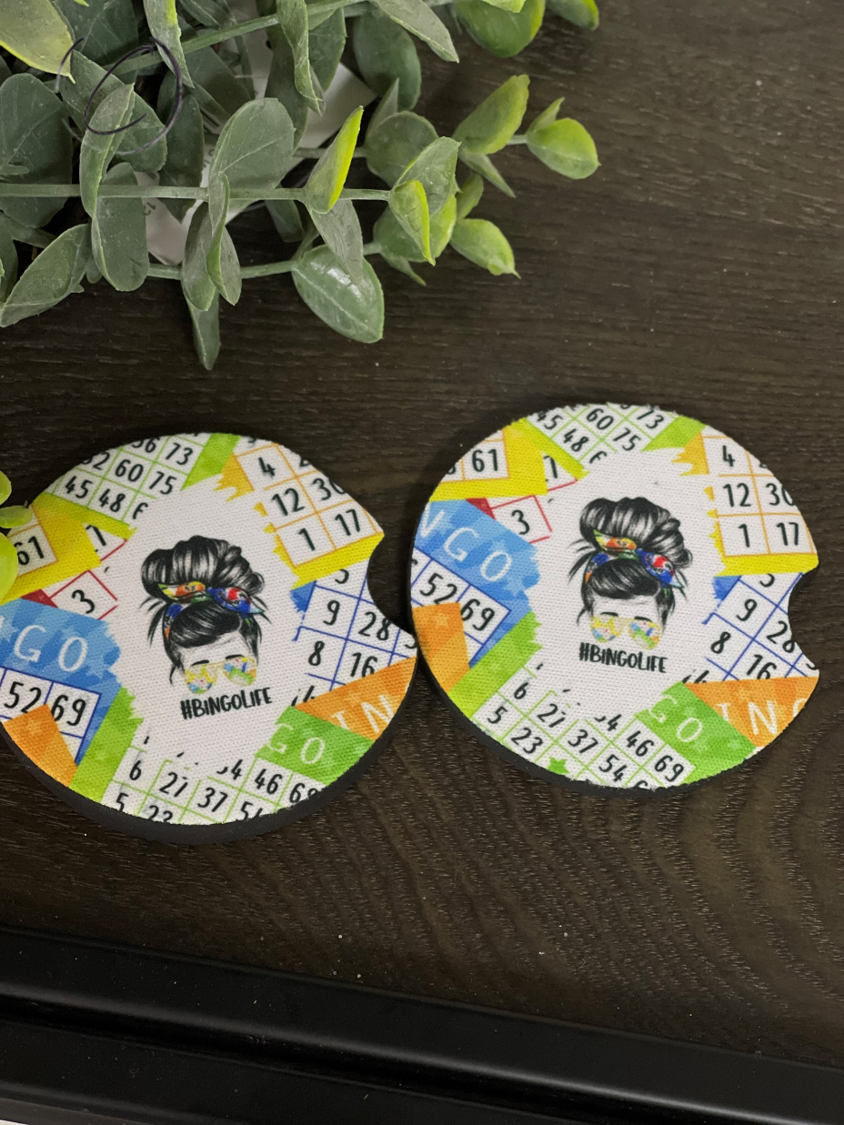 A stylish #Bingolife Car Coaster Set made of durable neoprene, designed to fit cup holders perfectly.