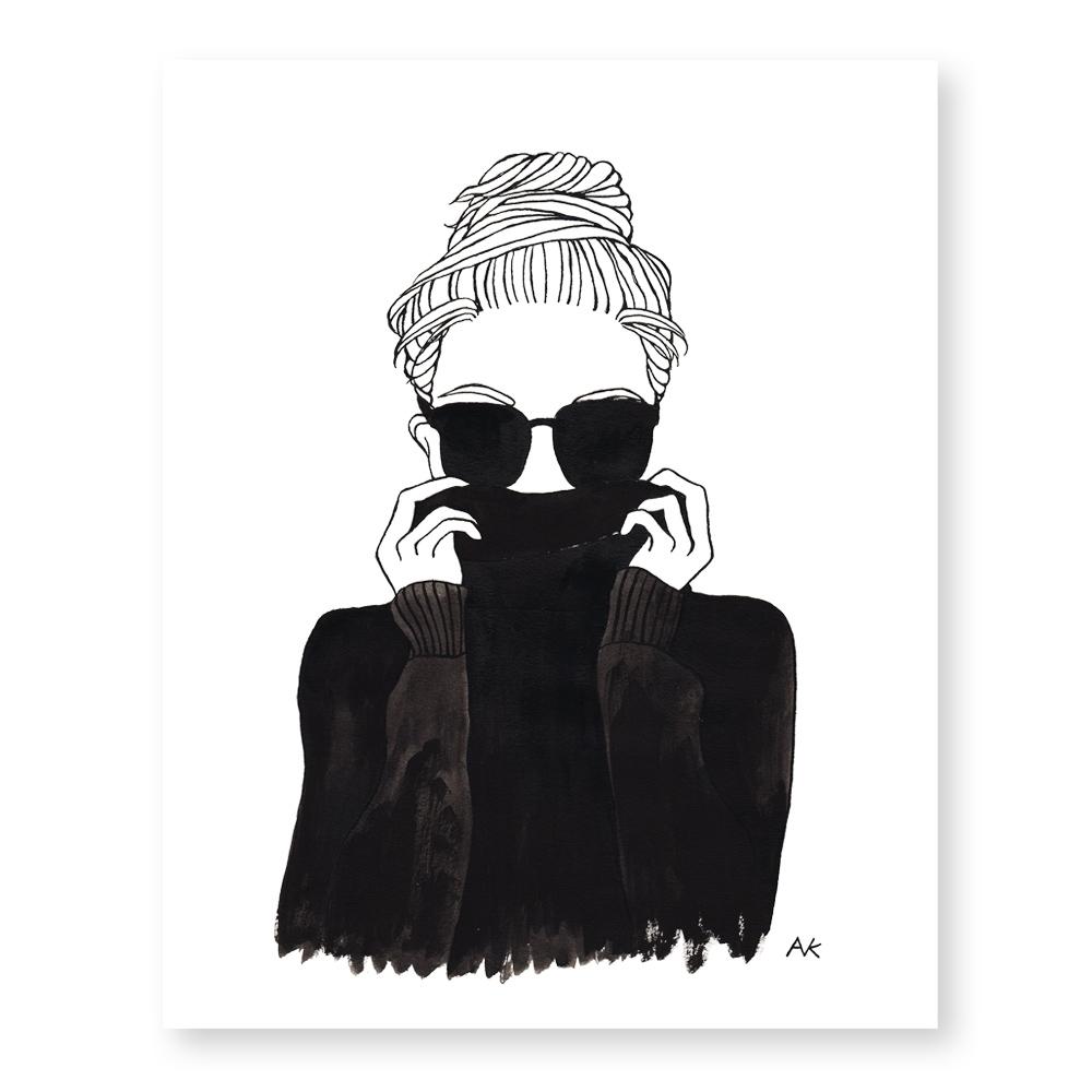 Elegant black turtleneck woman art print on white background, showcasing sophistication and style.