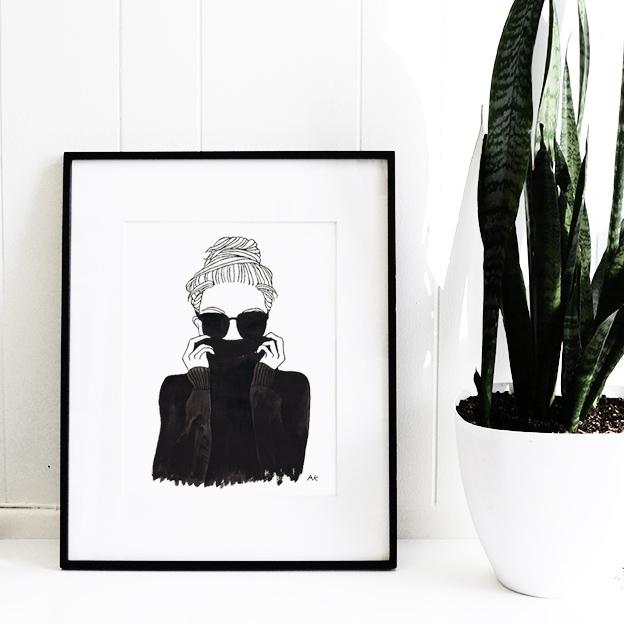 Elegant black turtleneck woman art print on white background, showcasing sophistication and style.
