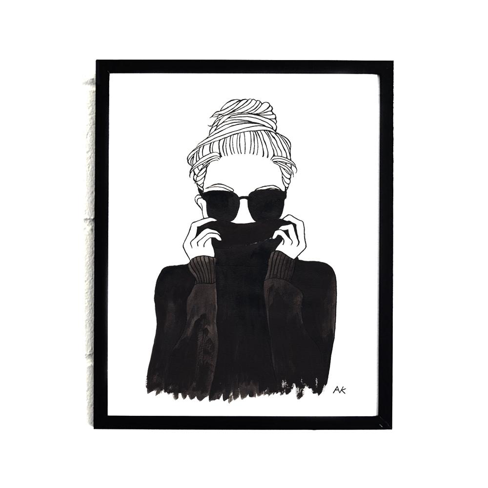 Elegant black turtleneck woman art print on white background, showcasing sophistication and style.