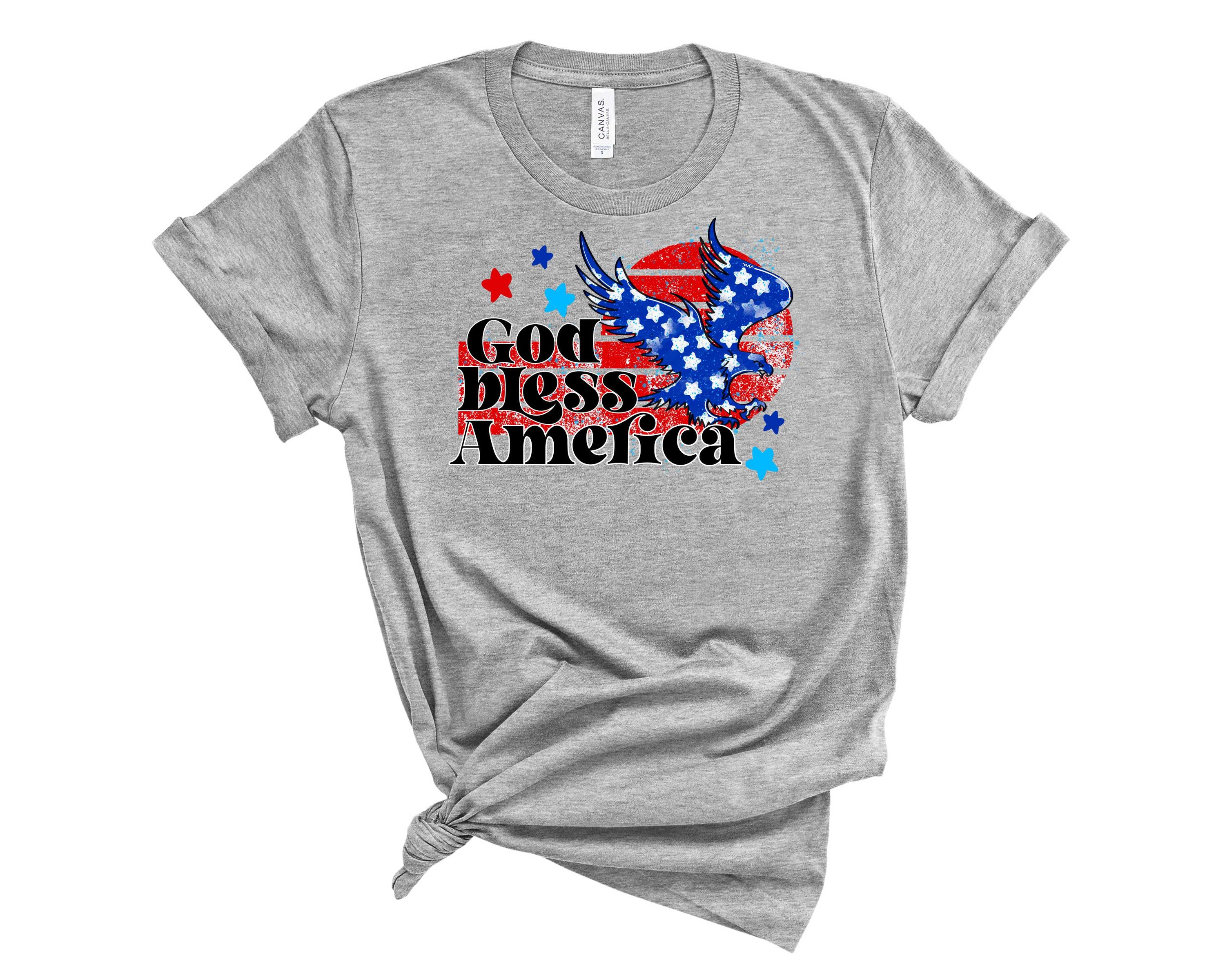 A unisex graphic tee featuring a vibrant eagle design with the text 'Bless America', showcasing American patriotism.