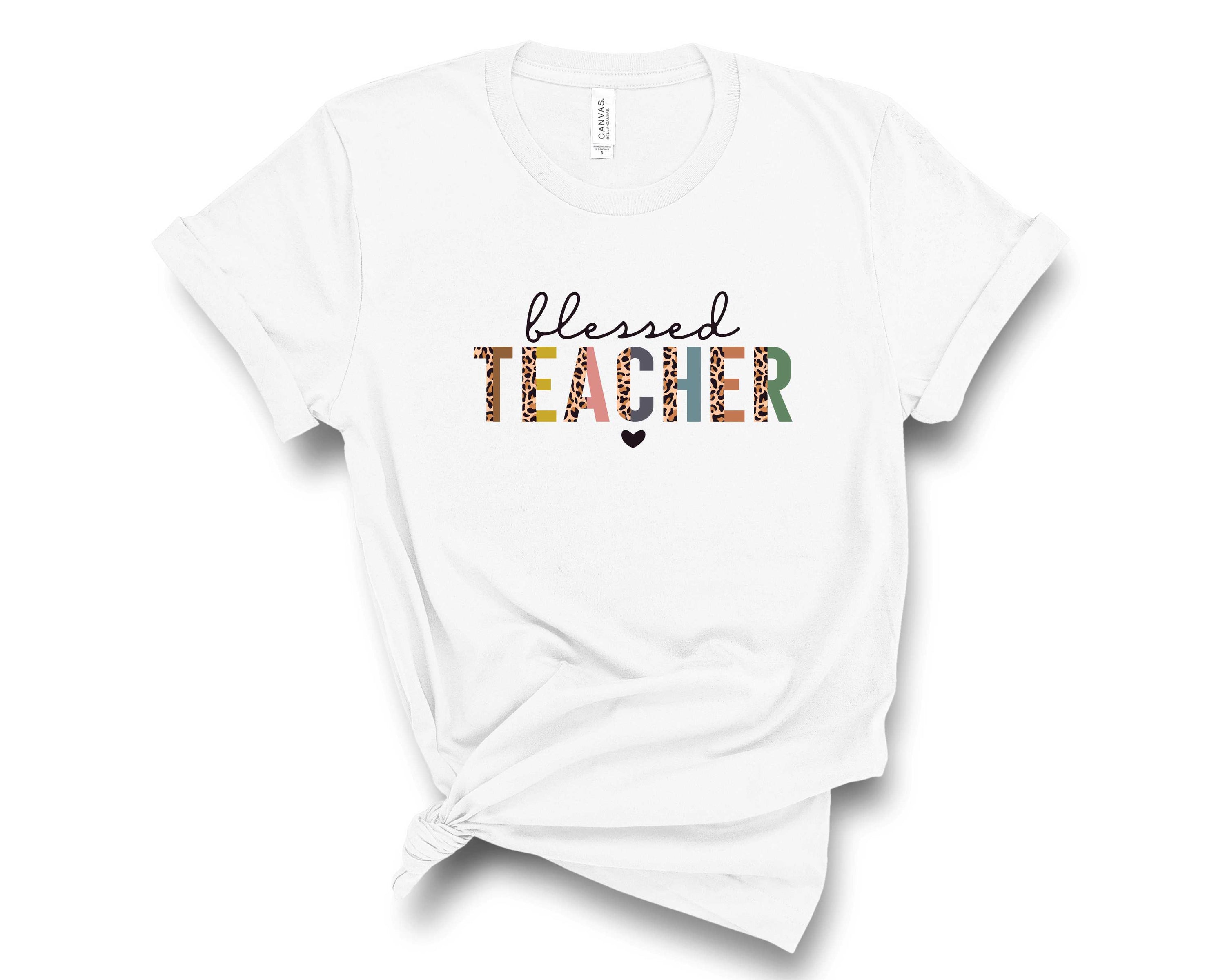 A stylish unisex graphic tee featuring a half leopard print design with the words 'Blessed Teacher' prominently displayed.