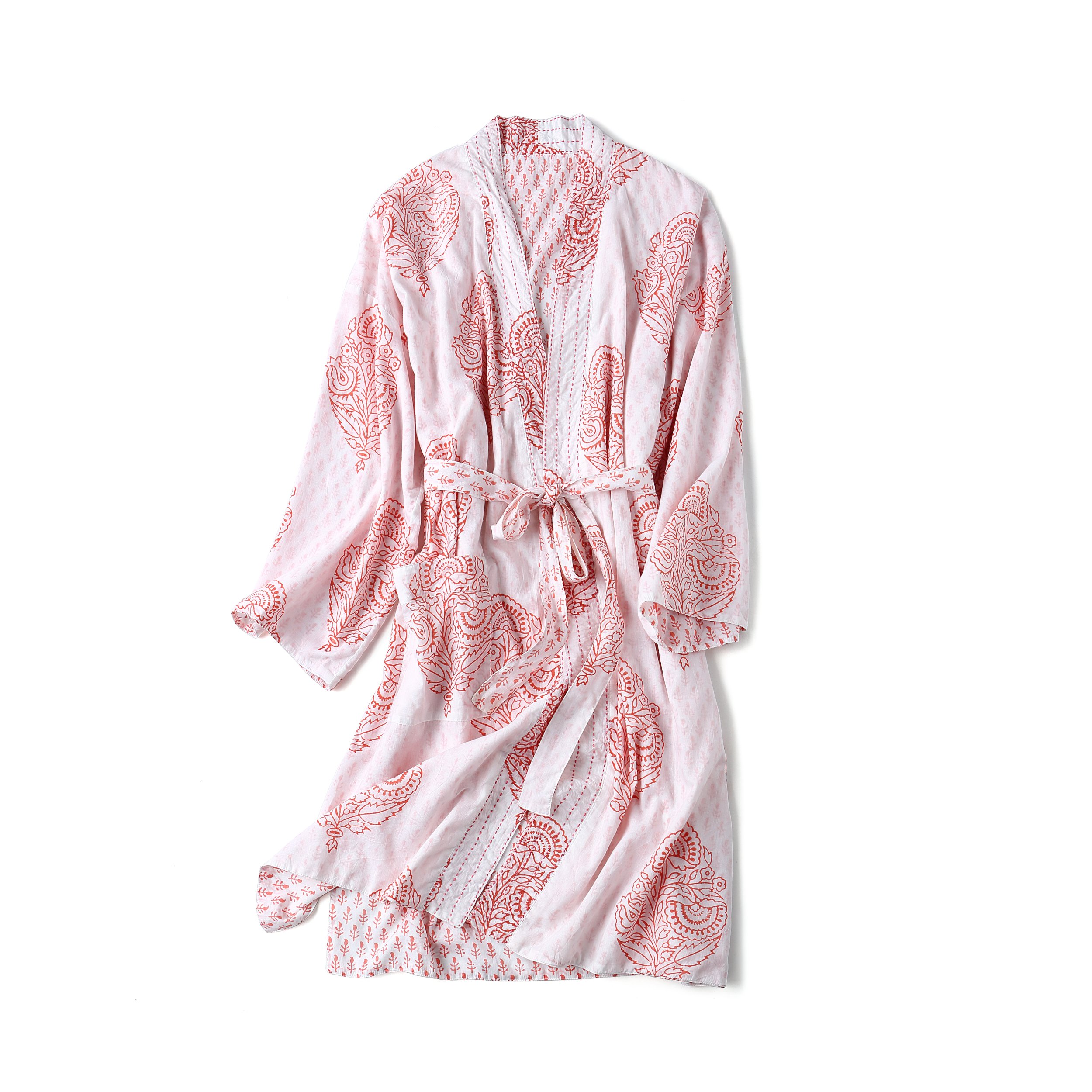 A beautiful reversible block-printed robe in the Pink City design, showcasing intricate hand kantha-stitch work and made from soft Indian Cotton Voile.
