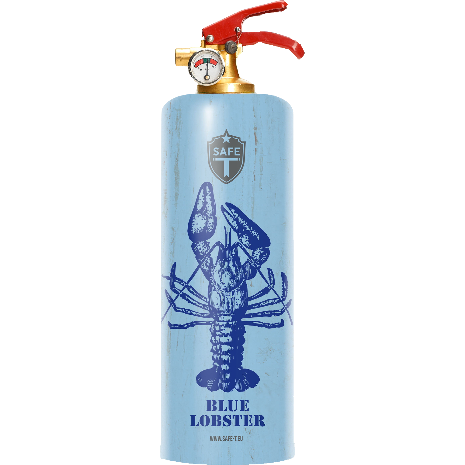 Stylish Safe-T Blue Lobster fire extinguisher with a chic design, made of steel and brass, perfect for modern interiors.