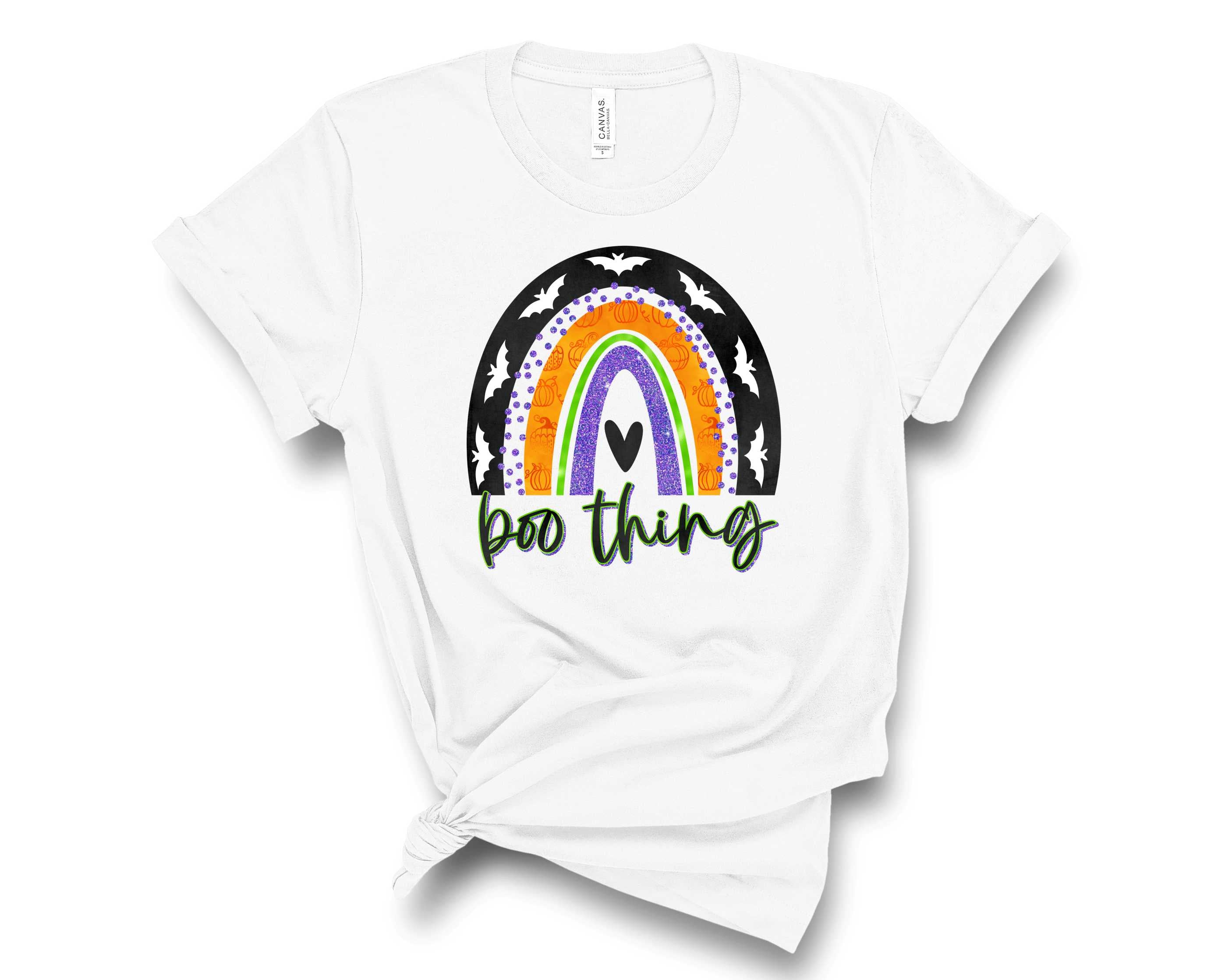 Boo Thing Halloween Rainbow Graphic Tee featuring a colorful Halloween design on a unisex t-shirt.