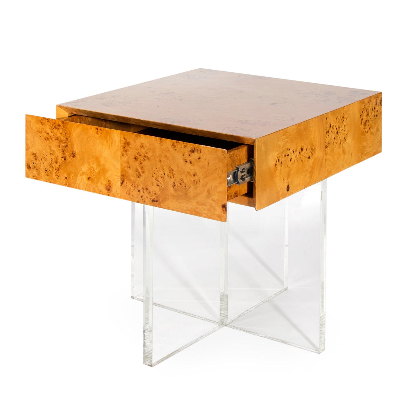 Bond End Table featuring warm burled mappa wood and a clear acrylic base, showcasing minimalist design and elegant storage.
