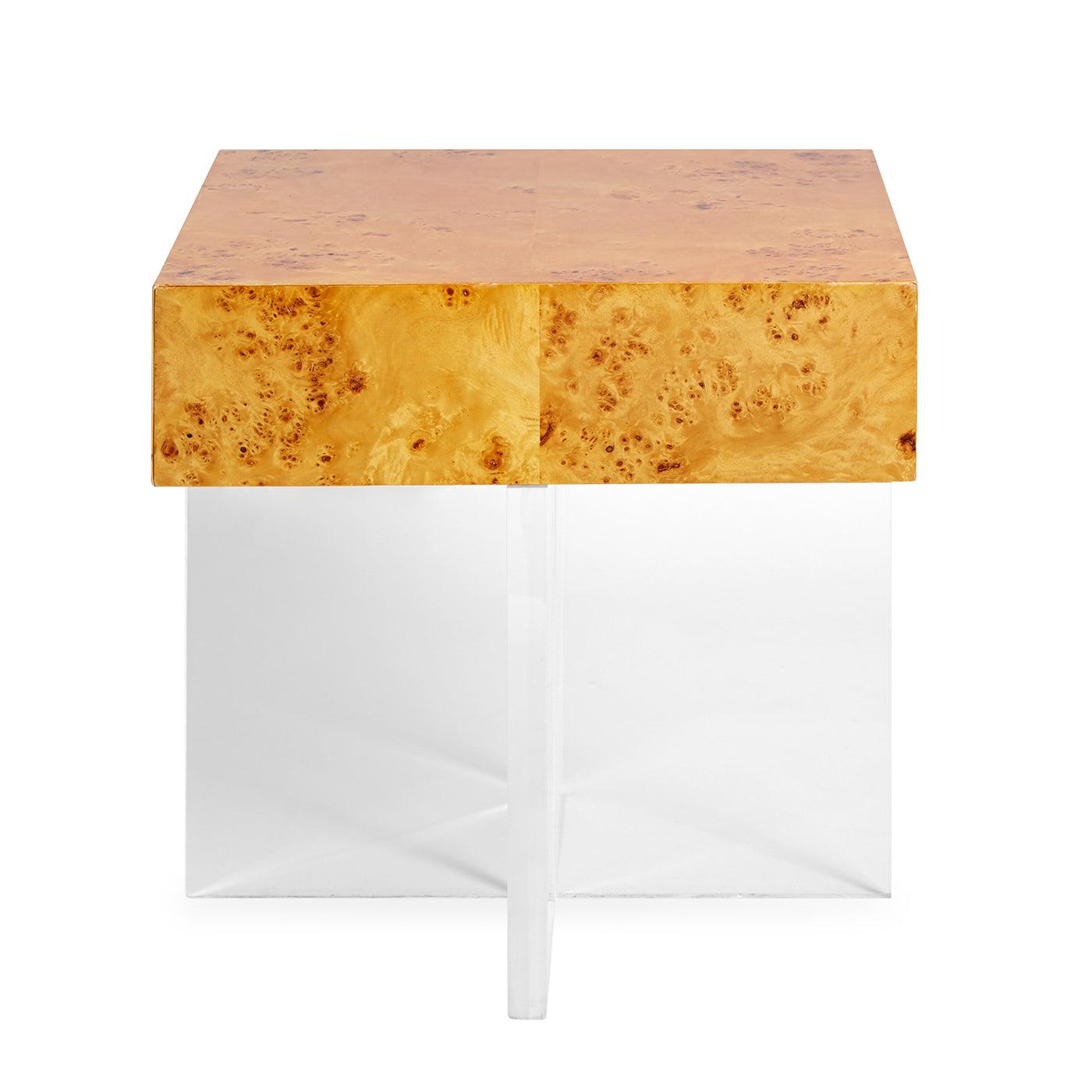 Bond End Table featuring warm burled mappa wood and a clear acrylic base, showcasing minimalist design and elegant storage.