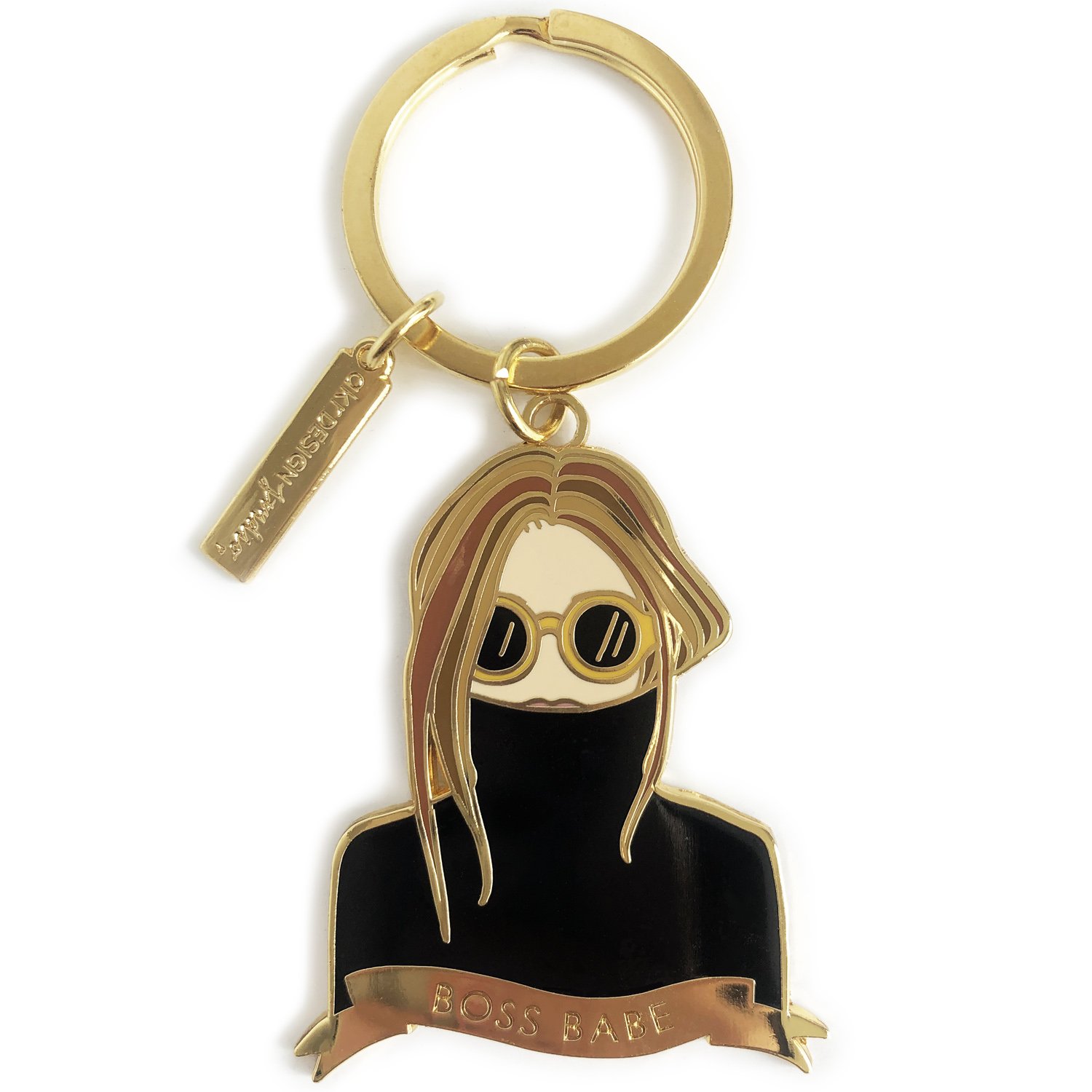 Boss Babe Keychain featuring a blonde beach girl design, high-quality enamel with gold foil backing card.