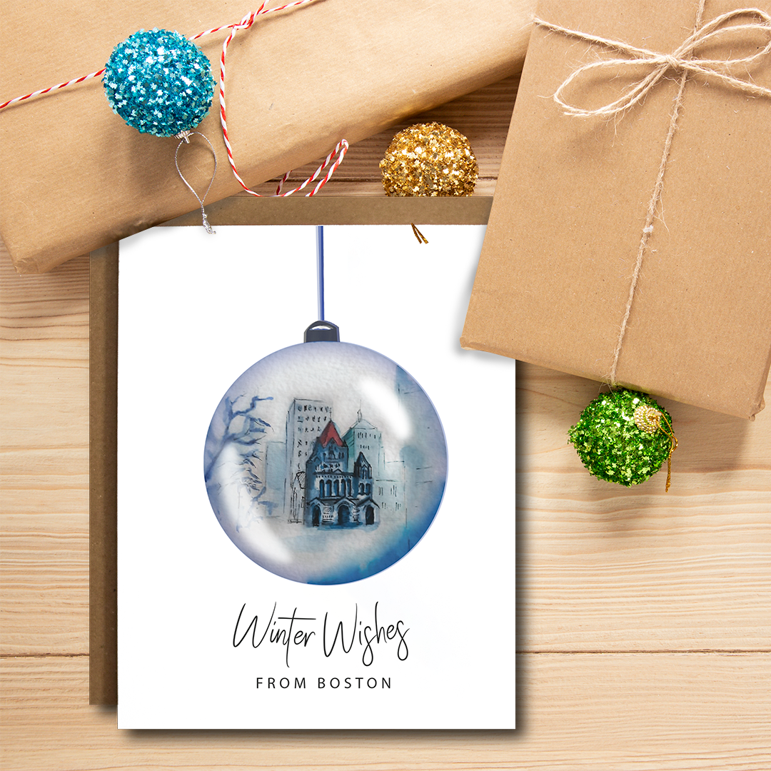 Boston Christmas Card featuring a festive design, blank inside, with a brown kraft envelope.