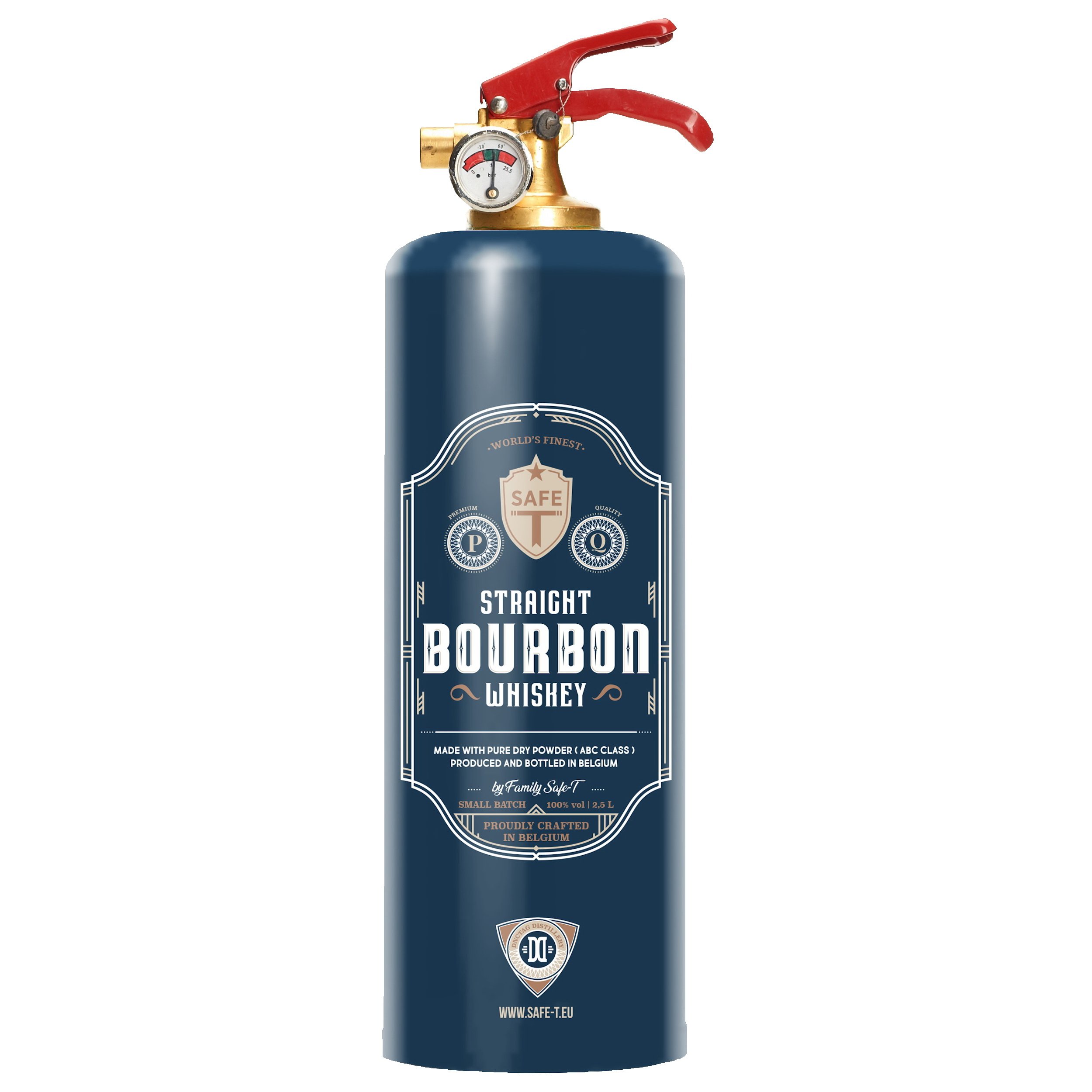 Safe-T Bourbon stylish fire extinguisher made from steel and brass, designed for safety and aesthetics.