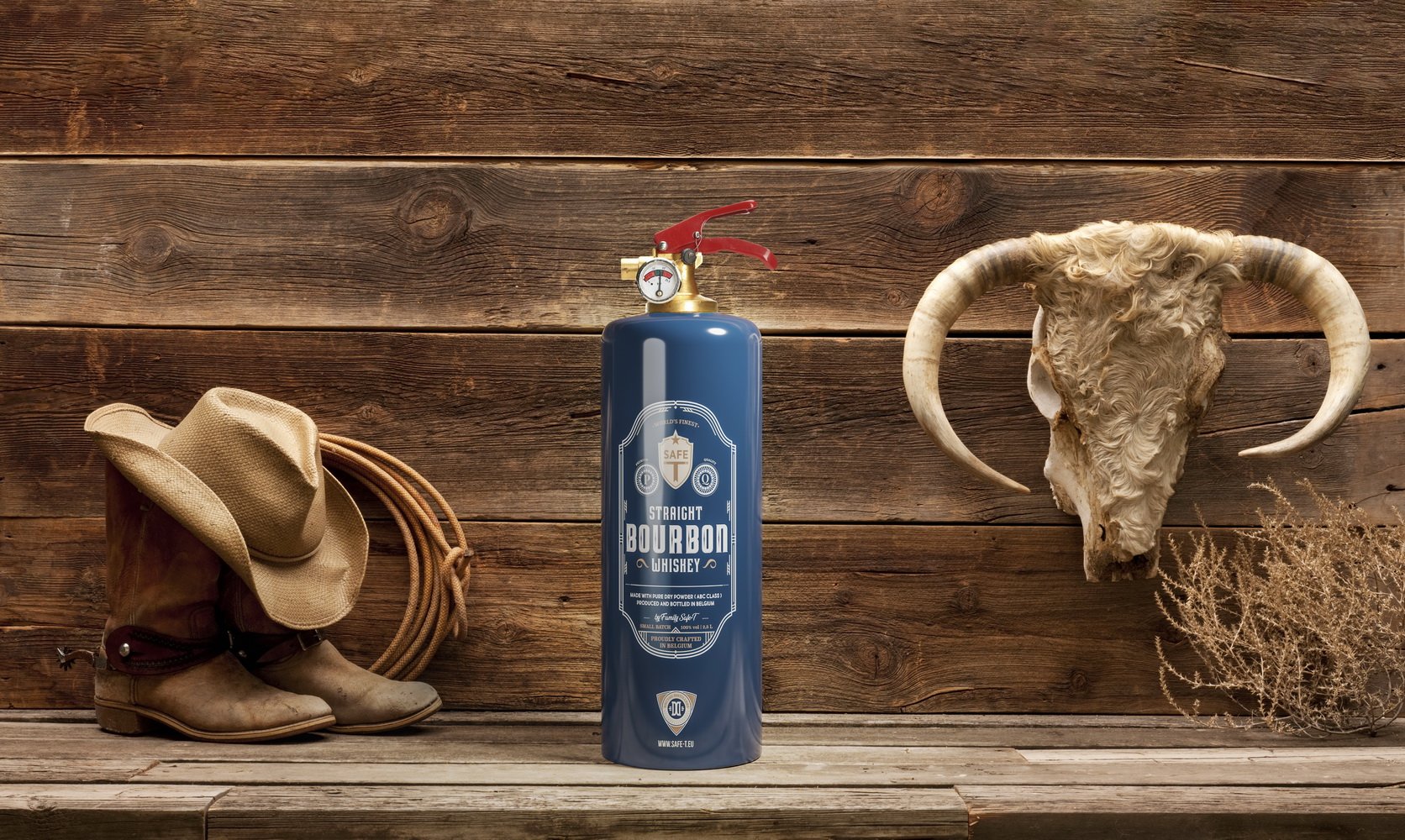 Safe-T Bourbon stylish fire extinguisher made from steel and brass, designed for safety and aesthetics.