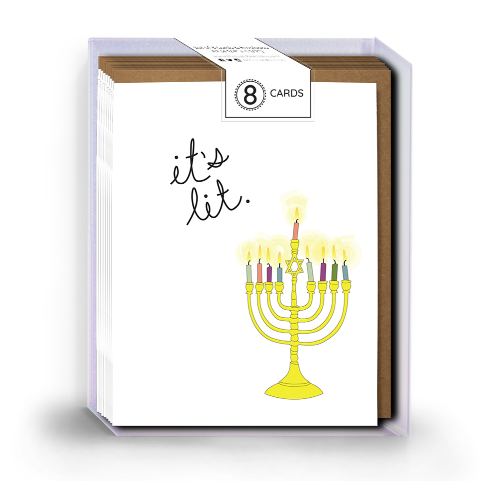 A boxed set of 8 It's Lit Hanukkah cards with kraft envelopes, featuring festive designs and the message 'Happy Hanukkah!' inside.