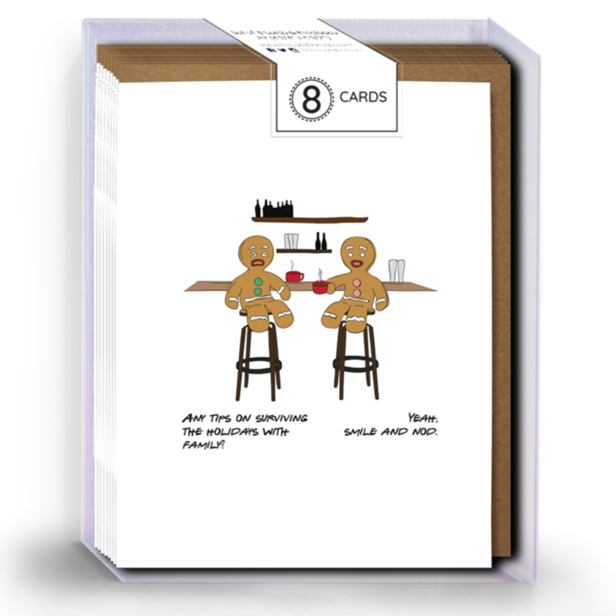 A boxed set of 8 holiday cards with Kraft envelopes, designed for family gatherings.