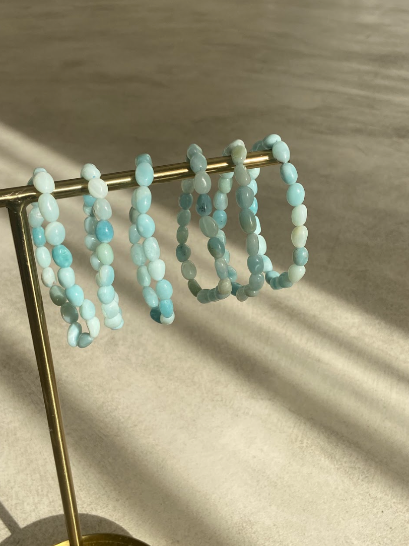 A beautiful amazonite bracelet featuring smooth, rounded stones in calming shades of blue and green, symbolizing hope and tranquility.
