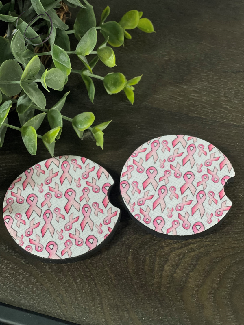 Breast Cancer Awareness Ribbon Car Coaster Set featuring a vibrant ribbon design on durable neoprene material.