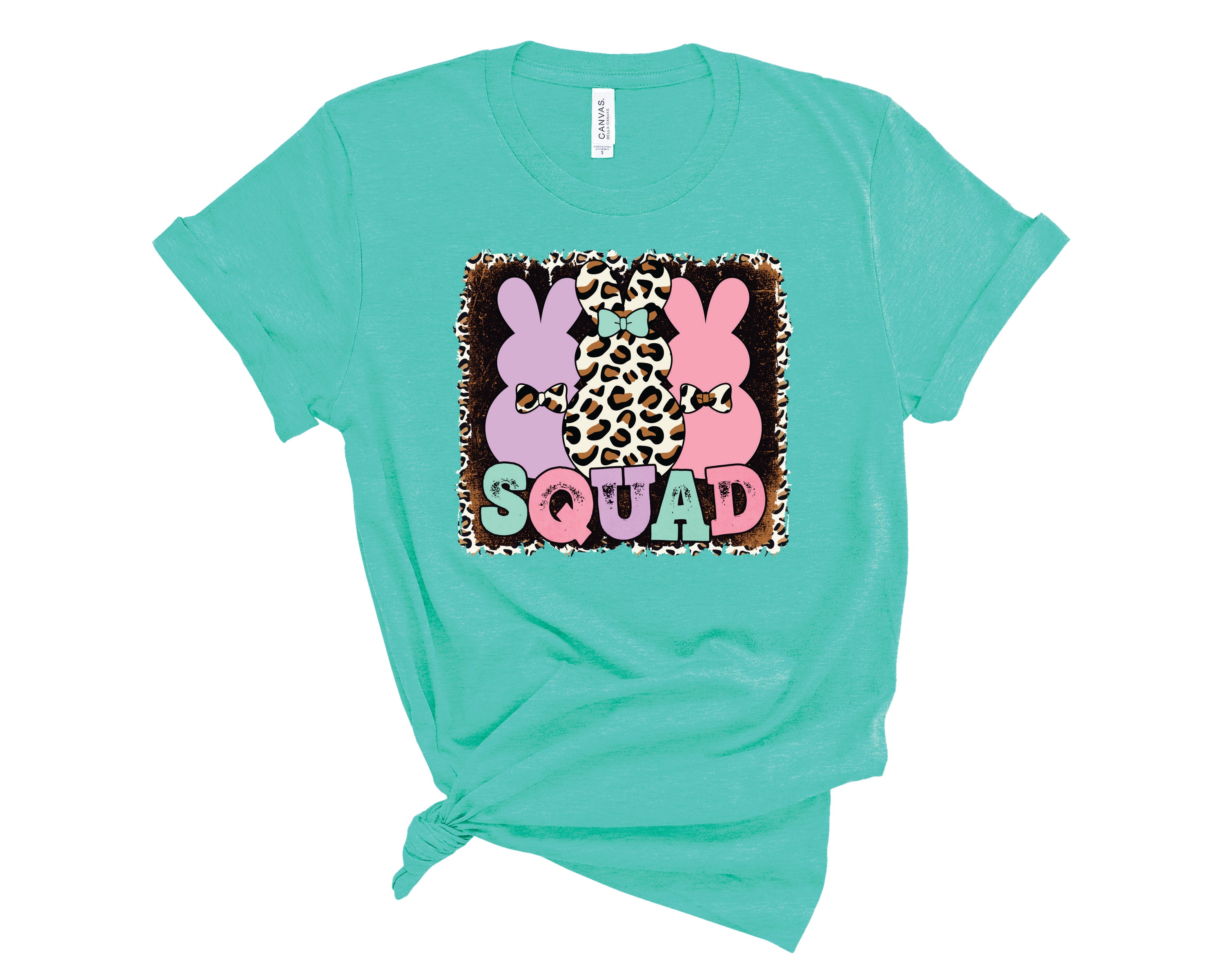 Bunny Squad Pastel Leopard Graphic Tee featuring a trendy pastel leopard print design on a soft fabric, suitable for unisex wear.
