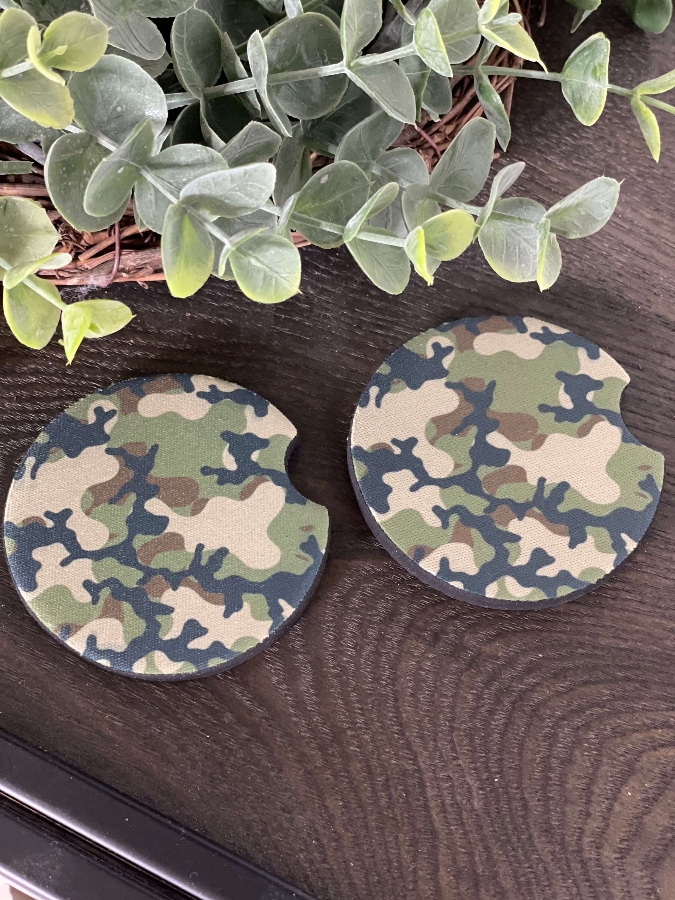 Camo Neoprene Car Coaster Set featuring durable material and stylish design, perfect for protecting cup holders.