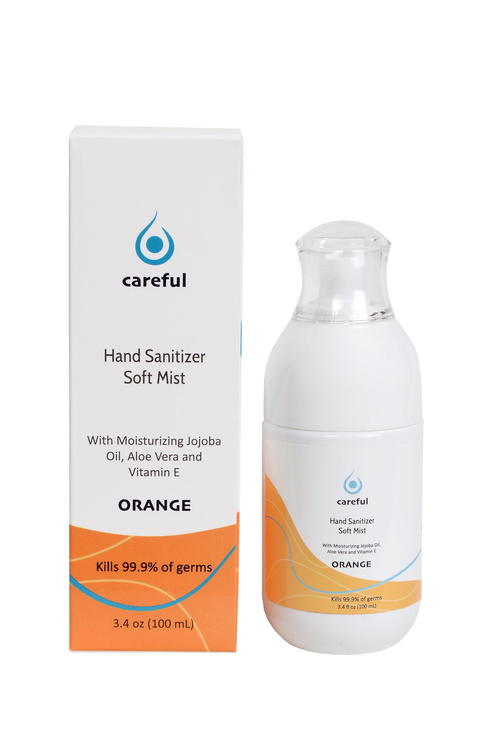 Careful Soft Mist 80% Alcohol Hand Sanitizer Spray in Real Orange, featuring a sleek bottle design and a refreshing orange scent.