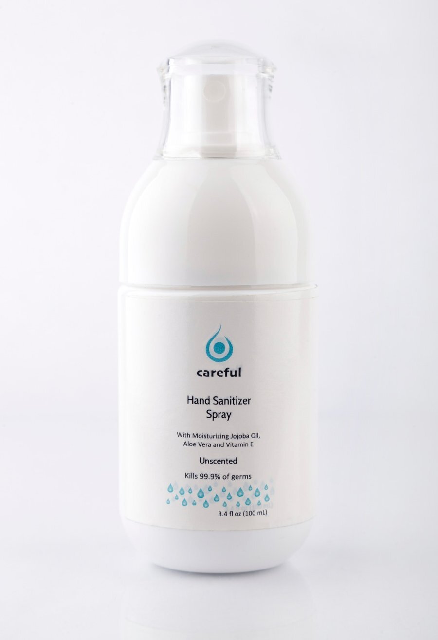 Careful Soft Mist 80% Alcohol Hand Sanitizer Spray in an elegant bottle, designed for effective germ-killing and skin hydration.