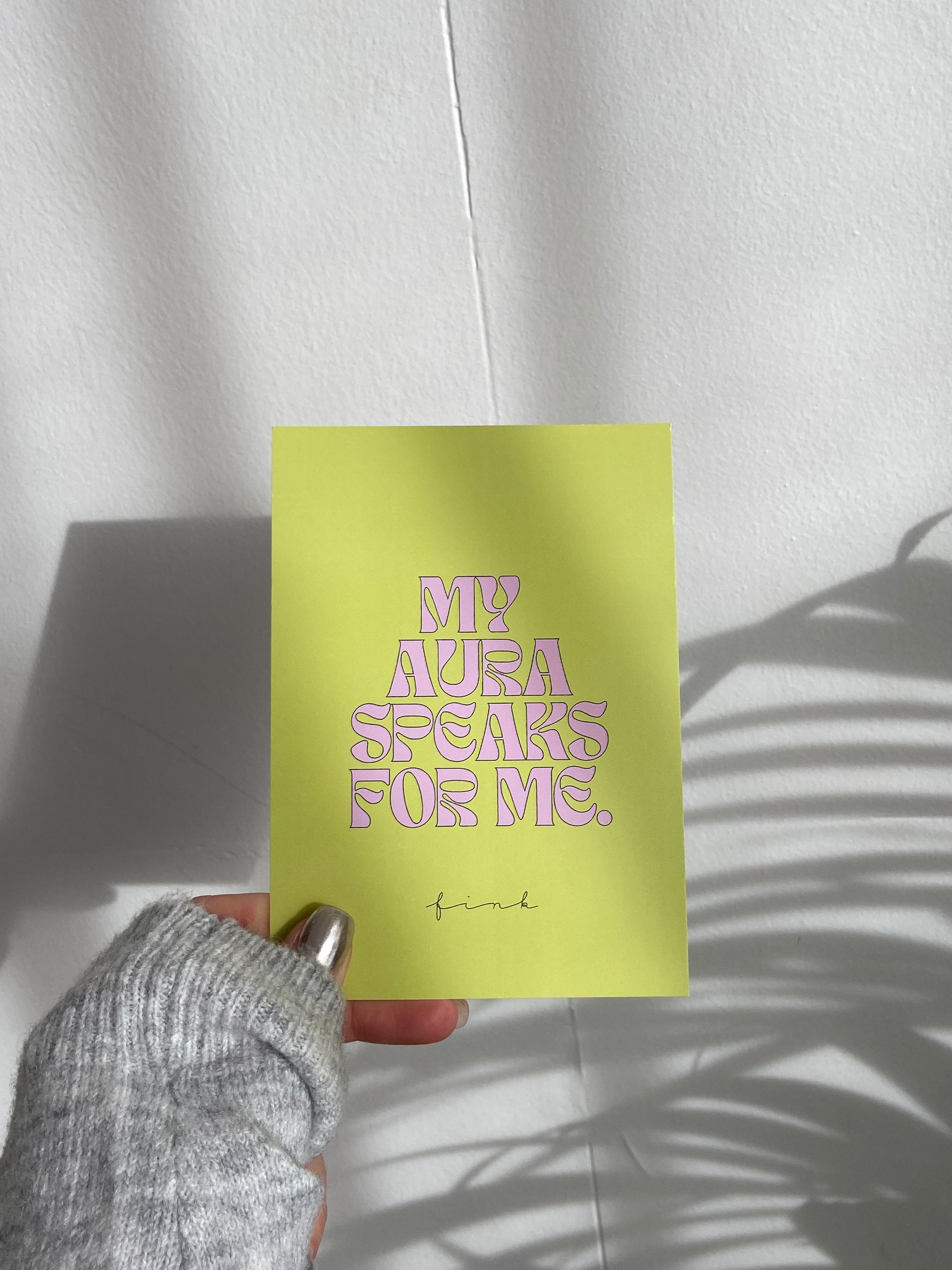 A6 greeting card titled 'My Aura Speaks for Me' with an inspiring design, accompanied by a matching envelope.