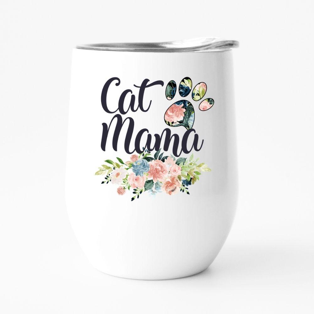 CAT MAMA floral print 12oz travel tumbler featuring a vibrant floral design, perfect for cat lovers.