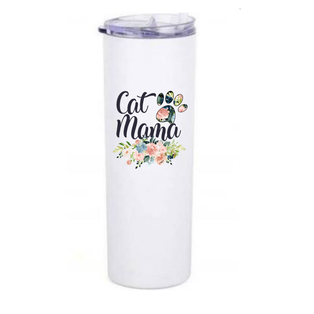 CAT MAMA floral print 20oz skinny travel tumbler featuring a vibrant floral design, stainless steel body, and sliding lid with straw.